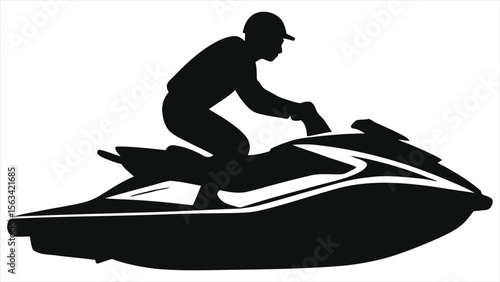 A silhouette of a man riding a jet ski isolated on white background