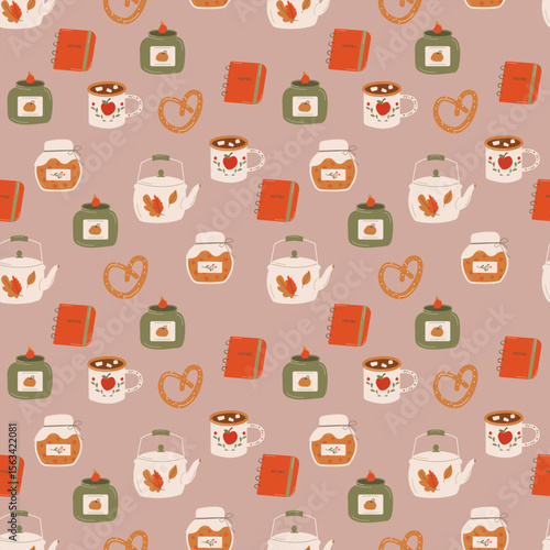A cozy pattern with a notebook, candles, a kettle, a mug. Objects, food, drink