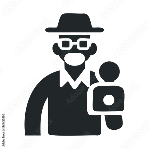 Icon of male journalist with hat and microphone symbol