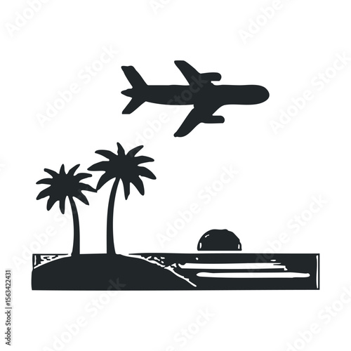 Airplane over tropical island with palms and sunset silhouette