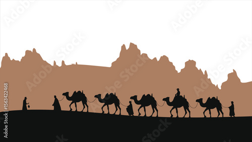 A caravan of camels and people traverse the desert landscape at  mountains in the background