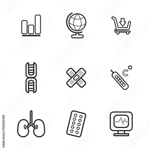 Essential Icons: A collection of simple yet striking icons, elegantly illustrating diverse concepts related to business, technology, health, and global interaction.