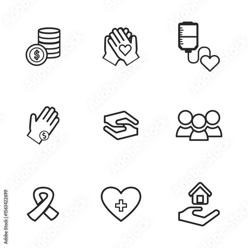 Iconic Charities and Giving: A graphic compilation of charity icons represents various concepts related to giving, aid, and support, including charity, donation and care