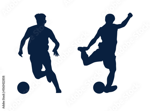 Silhouette Soccer Action: Dynamic silhouettes capture the energy of soccer, with a player skillfully dribbling the ball and another executing a powerful kick in this striking and energetic graphic.