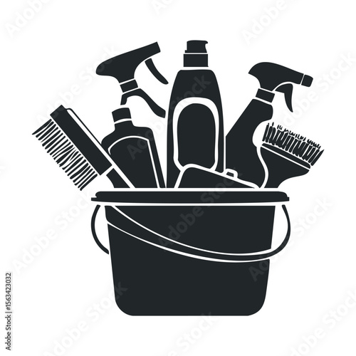Silhouette of cleaning supplies in a bucket on white background