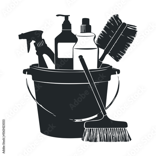 Black and white cleaning supplies bucket with brushes and sprays illustration