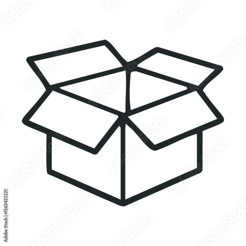 Open cardboard box with flaps outstretched in simple black and white line drawing