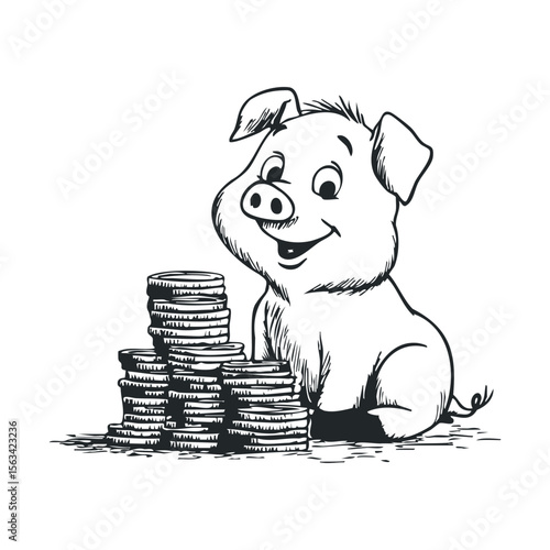Smiling piglet with coin stack in black and white illustration
