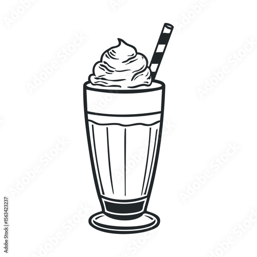 Classic vanilla milkshake illustration with striped straw and whipped cream topping