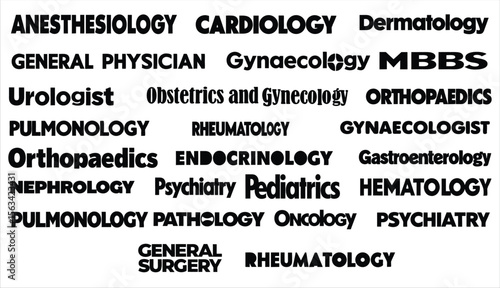 Collection of medical specialties and professions in bold black text isolated on a white background representing healthcare fields. Ideal for use in hospital signage, healthcare apps, patient info
