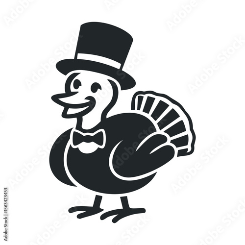 Cartoon turkey in top hat and bow tie silhouette illustration