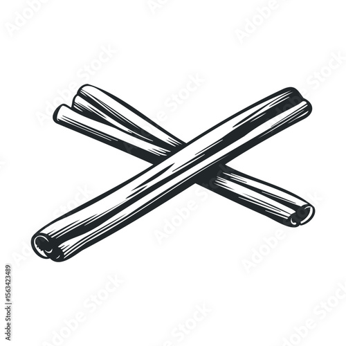 Illustration of two crossed cinnamon sticks in black and white