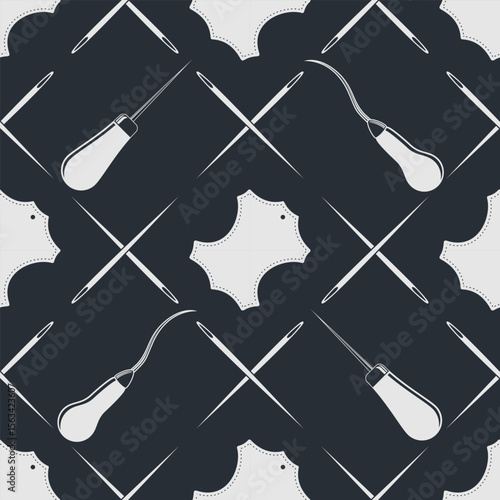 Leather craft seamless pattern with Genuine leather symbol and leather crafting tools. Vector illustration