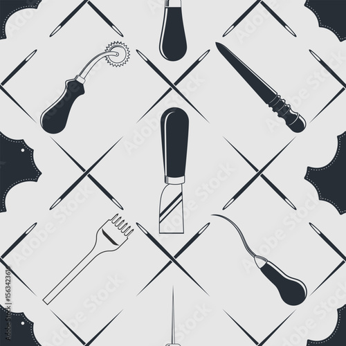 Leather craft seamless pattern with Genuine leather symbol and leather crafting tools. Vector illustration