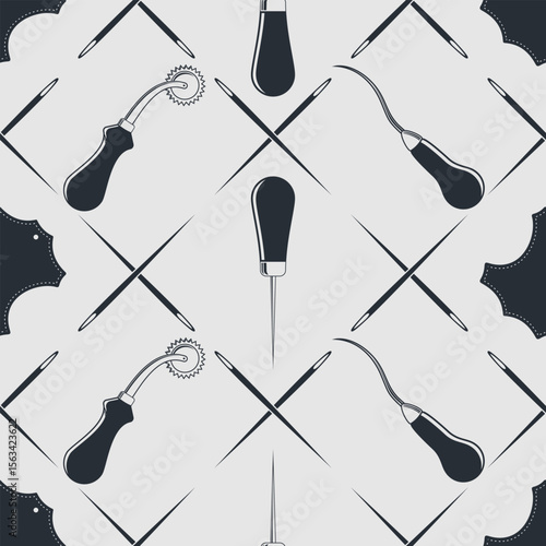 Leather craft seamless pattern with Genuine leather symbol and leather crafting tools. Vector illustration