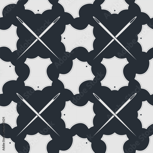 Leather craft seamless pattern with Genuine leather symbol and leather crafting tools. Vector illustration