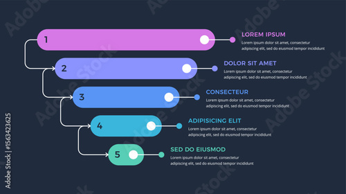Infographic template featuring a segmented funnel with five layers for business and marketing concepts, dark background, vector eps10 illustration