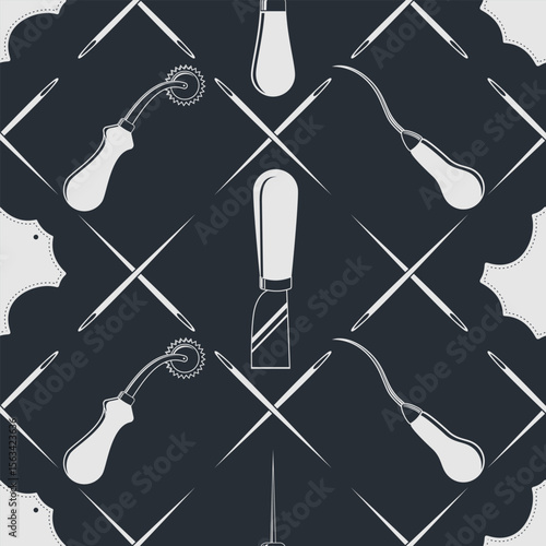 Leather craft seamless pattern with Genuine leather symbol and leather crafting tools. Vector illustration