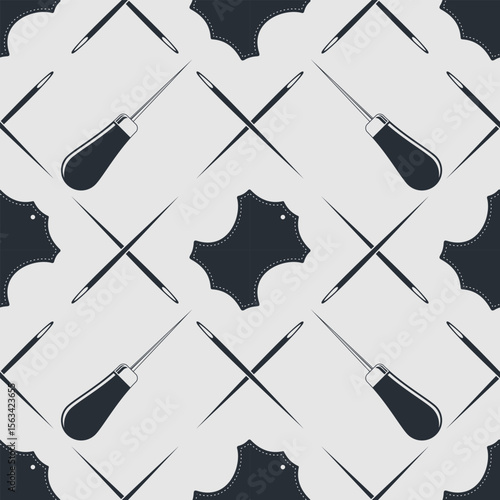 Leather craft seamless pattern with Genuine leather symbol and leather crafting tools. Vector illustration
