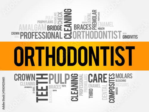 Orthodontist - means a dentist who specializes in correcting irregularities of the teeth and jaw, word cloud health concept background