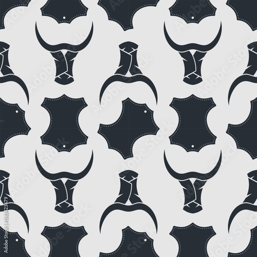 Leather craft seamless pattern with Genuine leather symbol and Bull's head. Vector illustration