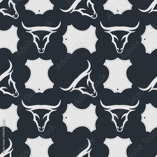 Leather craft seamless pattern with Genuine leather symbol and Bull's head. Vector illustration