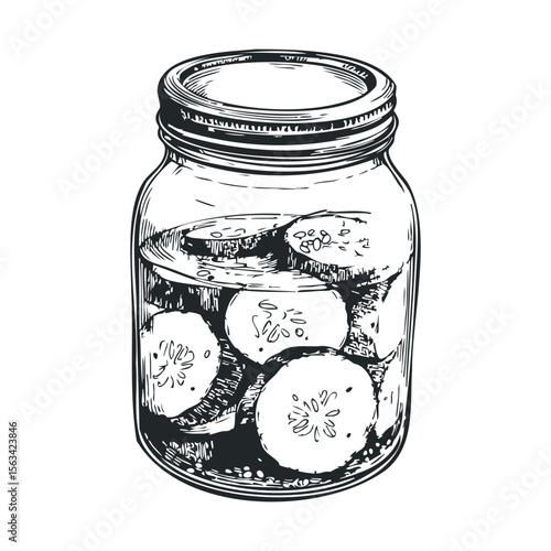 Hand-drawn jar of pickles art - vintage black and white sketch of sliced cucumbers in a jar