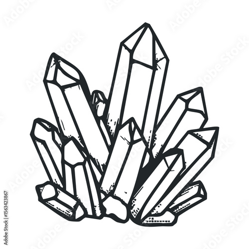 Intricate black and white crystal cluster line art illustration
