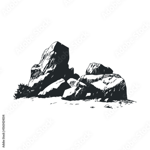 Monochrome sketch of rocky outcrop with sparse vegetation