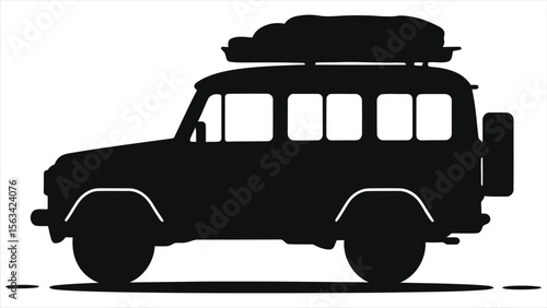 A black silhouette of an offroad vehicle with a roof rack and spare tire isolated on white background