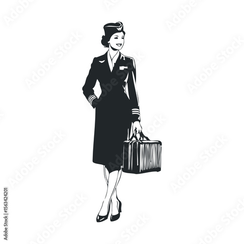 Retro female flight attendant illustration with luggage