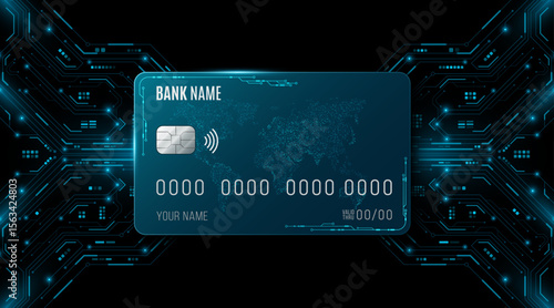Cyber credit card with glowing futuristic circuit board and global map on black background. Hi-tech banking and digital finance concept for fintech presentation. Vector illustration.