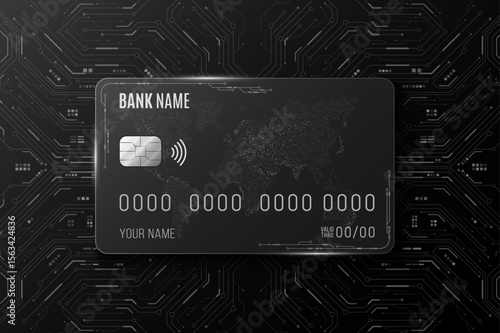 Cyber debit card with glowing futuristic circuit board and global map on black background. Hi-tech banking and digital finance concept for fintech presentation. Vector illustration.