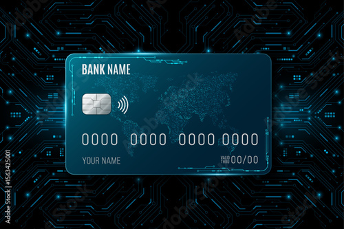 Futuristic cyber credit card with glowing circuit board and global map on black background. Hi-tech banking and digital finance concept for fintech presentation. Vector illustration.