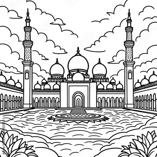Sheikh Zayed Grand Mosque Abu Dhabi - Islamic Architecture Line Art, White Marble Domes, Arabic Calligraphy & UAE Landmark - Minimalist Black and White Illustration"