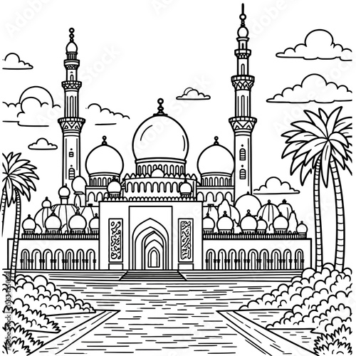 Sheikh Zayed Grand Mosque Abu Dhabi - Islamic Architecture Line Art, White Marble Domes, Arabic Calligraphy & UAE Landmark - Minimalist Black and White Illustration"