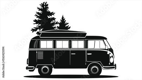 Silhouette of a Camper Van with Trees/A simple, stylized silhouette of a vintage camper van parked amidst pine trees.
