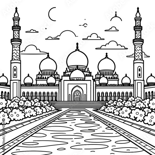 Sheikh Zayed Grand Mosque Abu Dhabi - Islamic Architecture Line Art, White Marble Domes, Arabic Calligraphy & UAE Landmark - Minimalist Black and White Illustration"