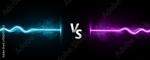Versus battle banner concept with letters VS and glowing lightning clash on black background. Energy beams for fight show, gaming, streaming or sports competitions. Vector illustration.