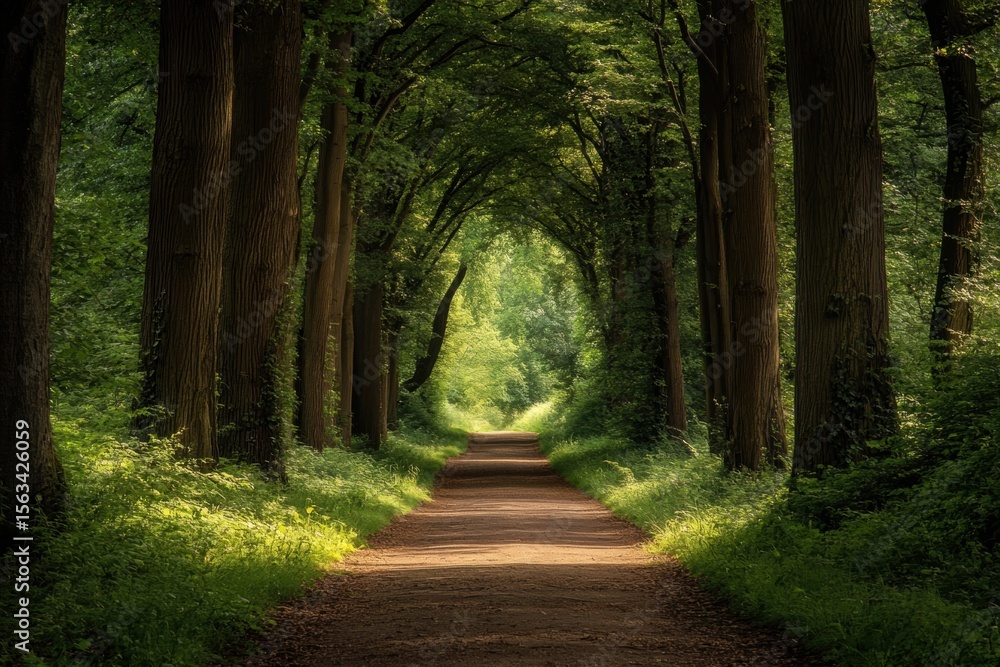 Fototapeta premium Forest road with overhead tree canopy and sunlight