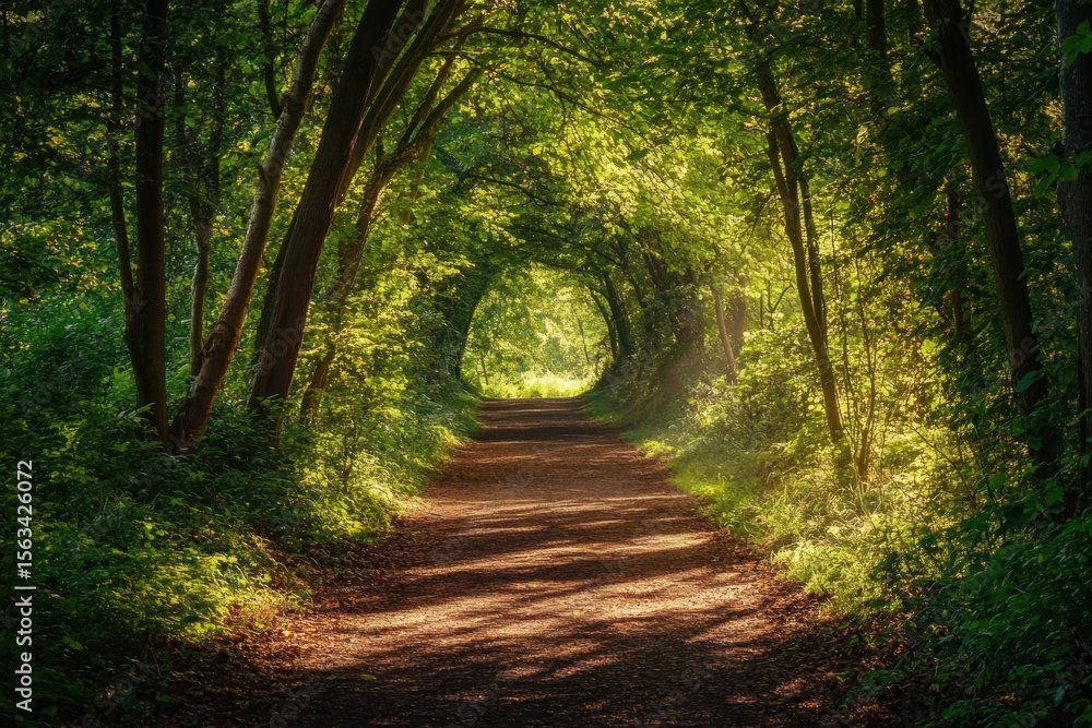 Fototapeta premium Magical sunlit forest path under tree arch