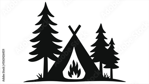 Simple black silhouette of a camping scene with teepee and trees./A minimalist black silhouette illustration depicts a camping scene.