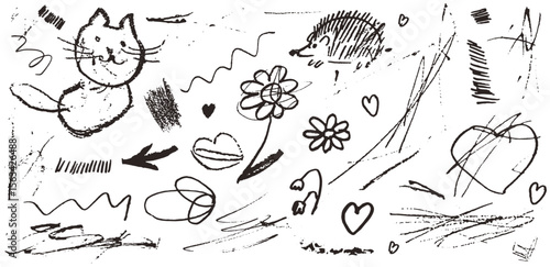 Crayon or charcoal stroke scribble elements. Chalk or pen hand drawn stickers. Vector messy drawings with grunge rough texture. Squiggle swirl line illustration set or collection. Fun kid art sketch.