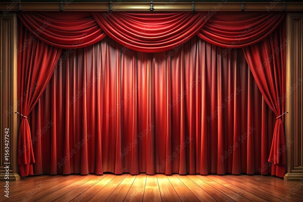 Fototapeta premium Elegant red velvet stage curtains with polished wooden floor