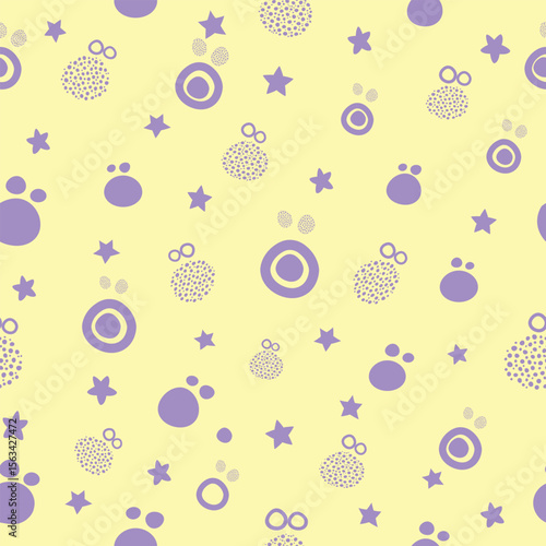 Playful purple summer silhouette seamless pattern with geometric and star shapes on soft yellow background for kids, textiles and wrapping paper