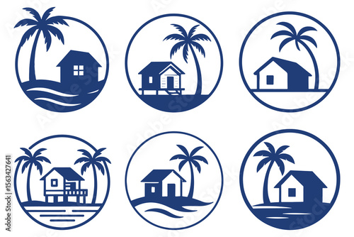 Tropical Beach House Logo Set – Palm Tree and Island Home Icons for Resort, Travel, and Vacation Branding