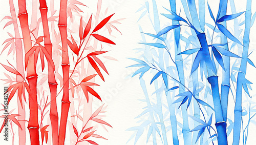 Red bamboo leaf pattern, a vibrant Japanese-inspired nature illustration
