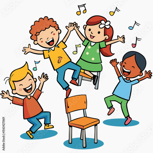 Joyful Kids Playing Musical Chairs A Doodle Illustration