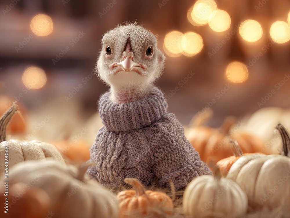 Fototapeta premium An adorable baby turkey wearing a knit sweater, sitting amidst pumpkins, soft lighting, cute photorealistic style