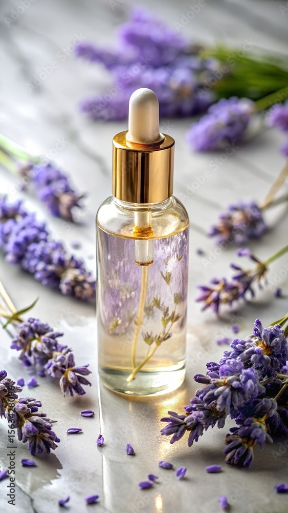 A bottle of lavender essential oil sits amidst fresh purple lavender flowers on a marble table, radiating a natural aroma A bottle of lavender essential oil sits amidst fresh purple lavender flowers on a marble table, radiating a natural aroma